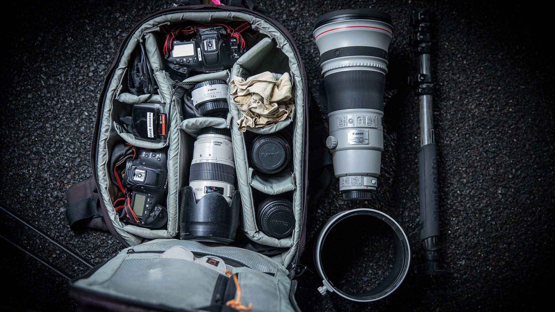 Dave Rogers' kitbag containing two Canon DSLR bodies and a number of lenses.